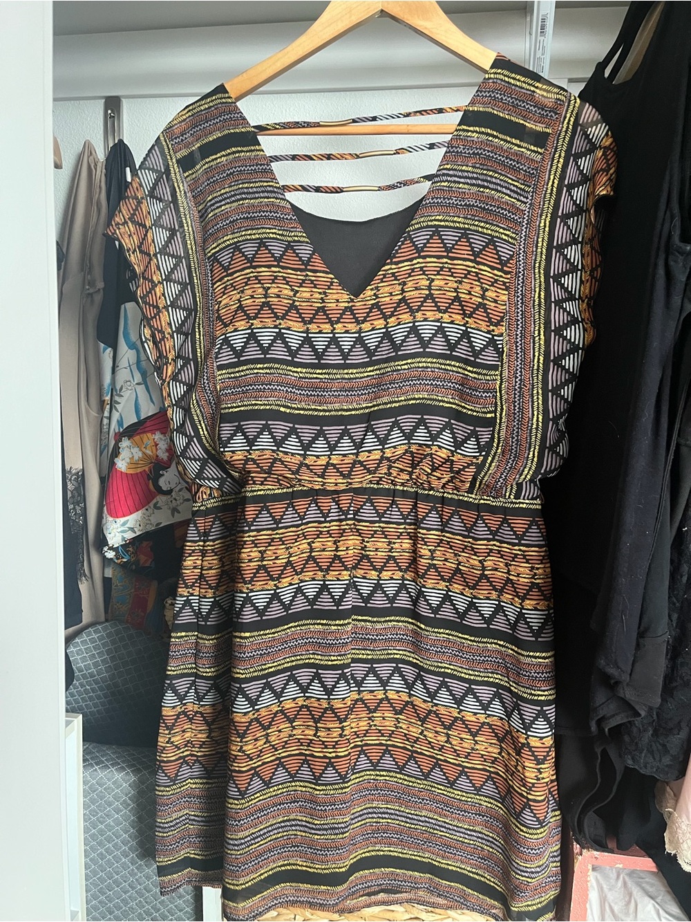 City Triangles Strappy-Back Tribal Print Midi Dress in Black, Orange & Yellow